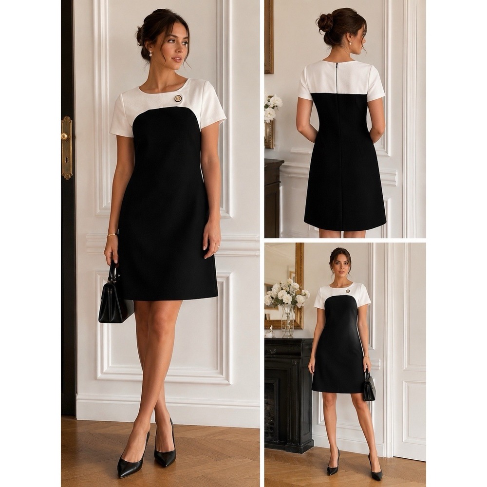Vintage Petite Appleseed's Black White Shift Dress Women's 4P ‎ Jackie O Style
